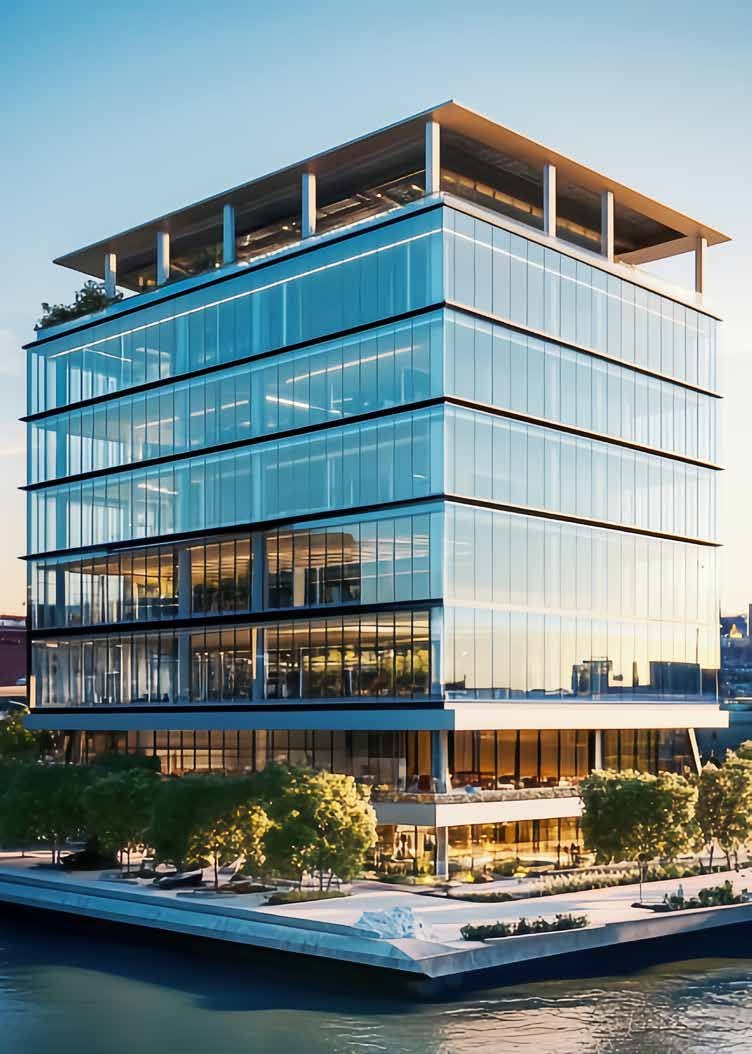 Glass office building with planted terraces on the waterfront