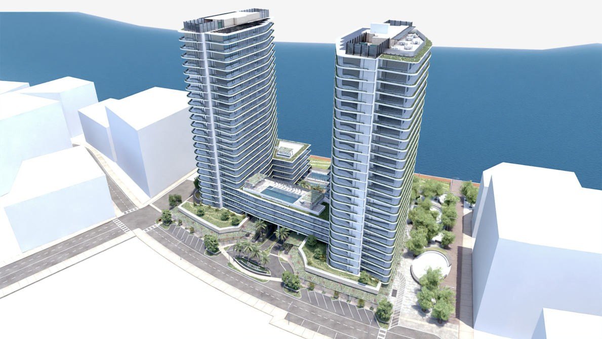 Twin towers with continuous balcony glazing, aerial view
