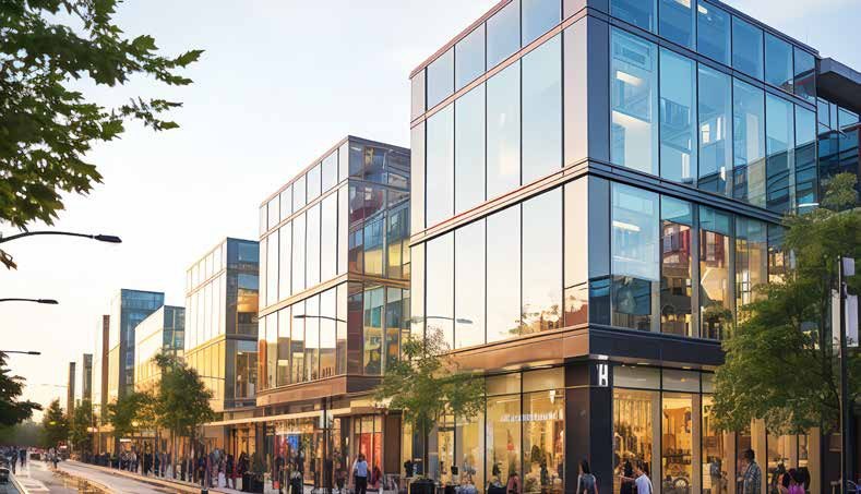 Corner glass storefronts and curtain wall on a busy street