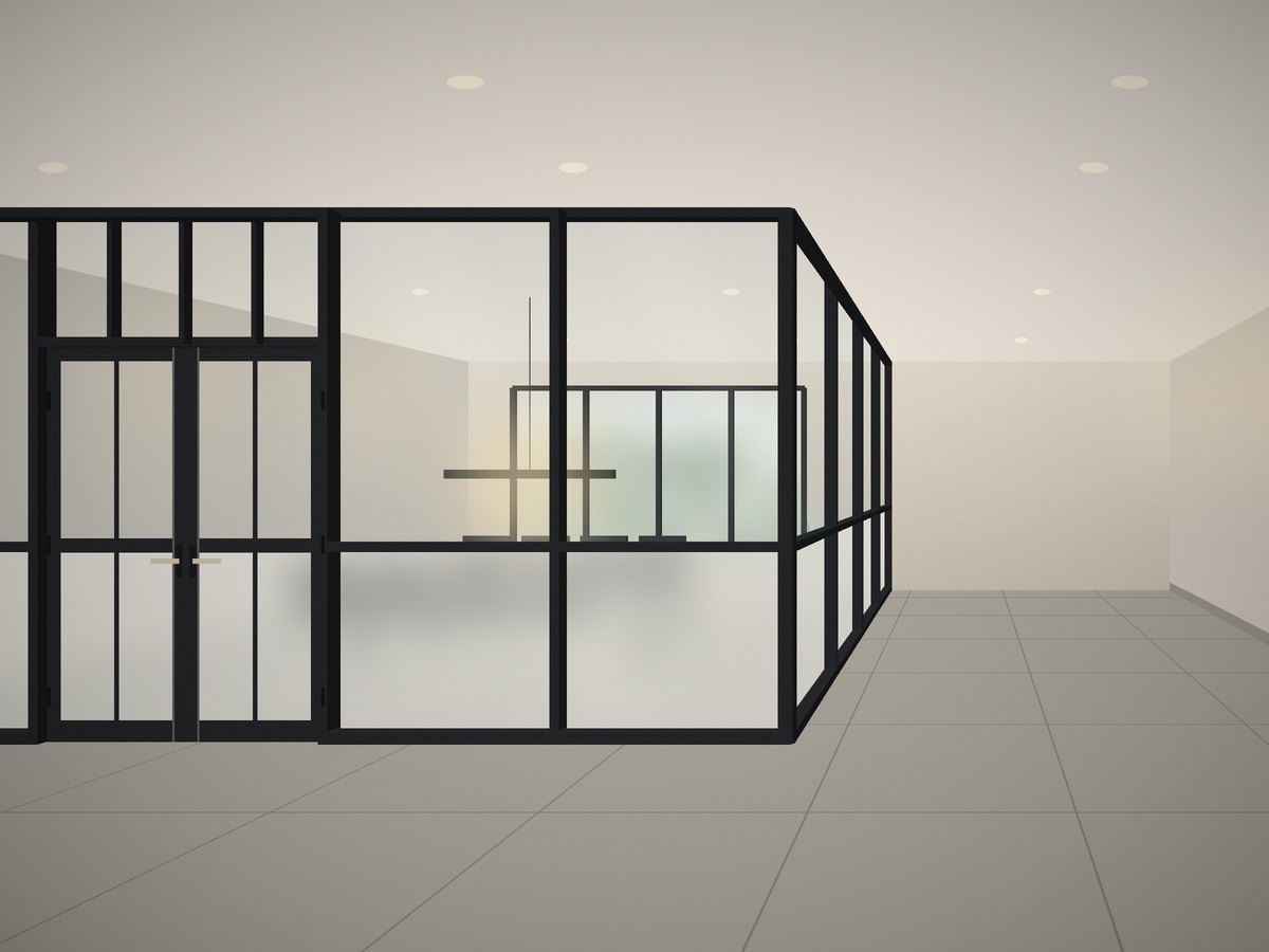 Corner glass room with a frosted privacy band and brass-lever French doors