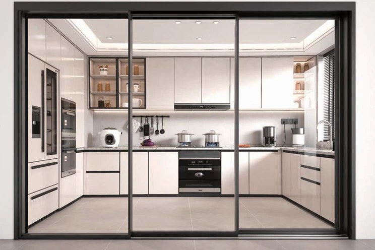 Slim-frame sliding glass doors enclosing a kitchen