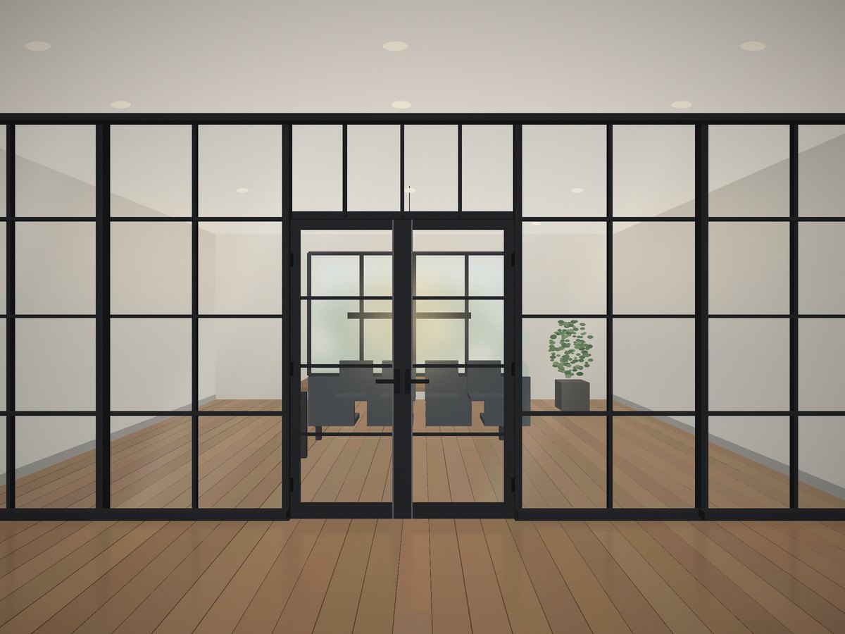 Aluminum and glass office partition with SDL grids and French doors