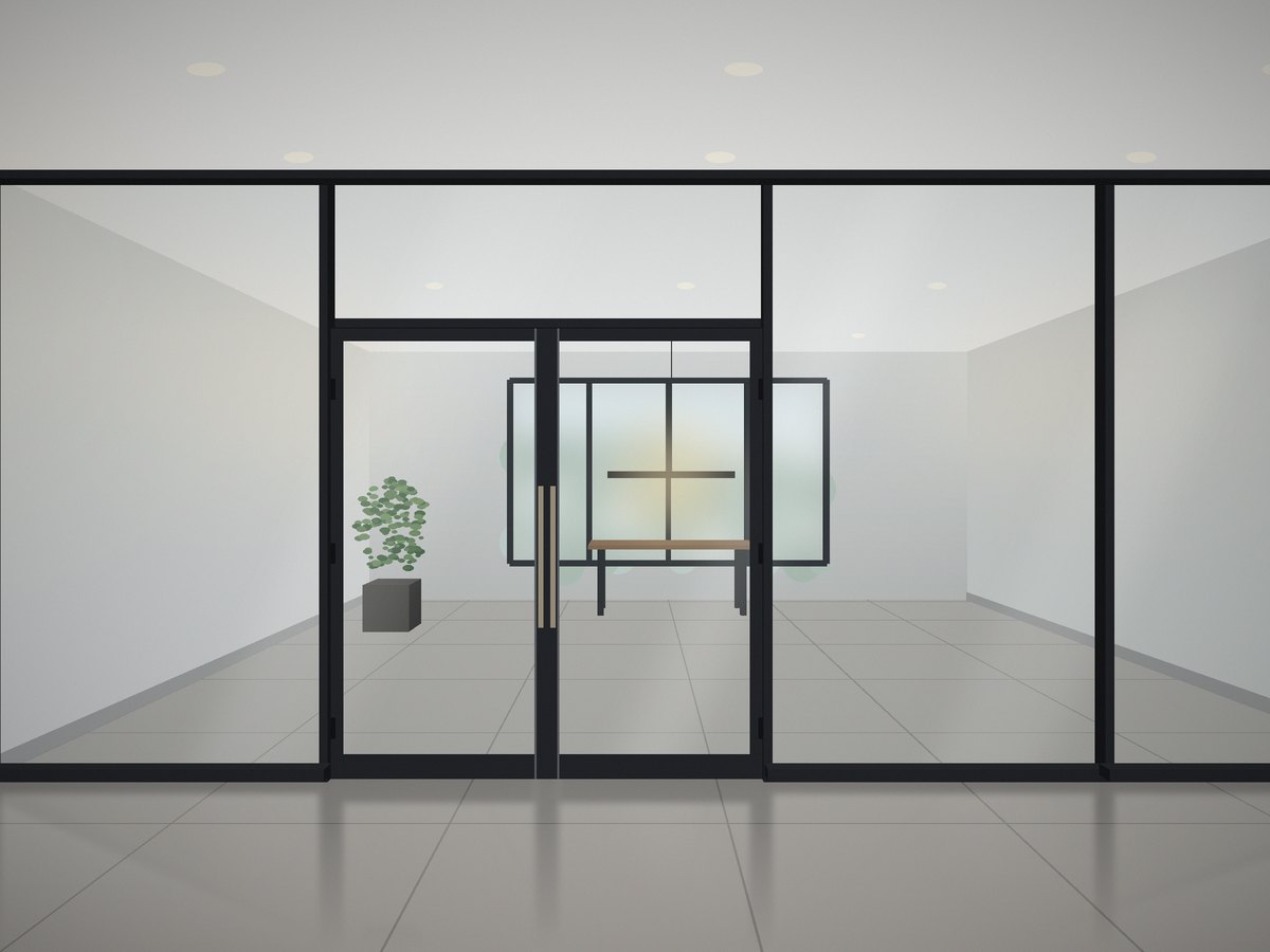 Minimal clear glass partition with French doors and long pulls