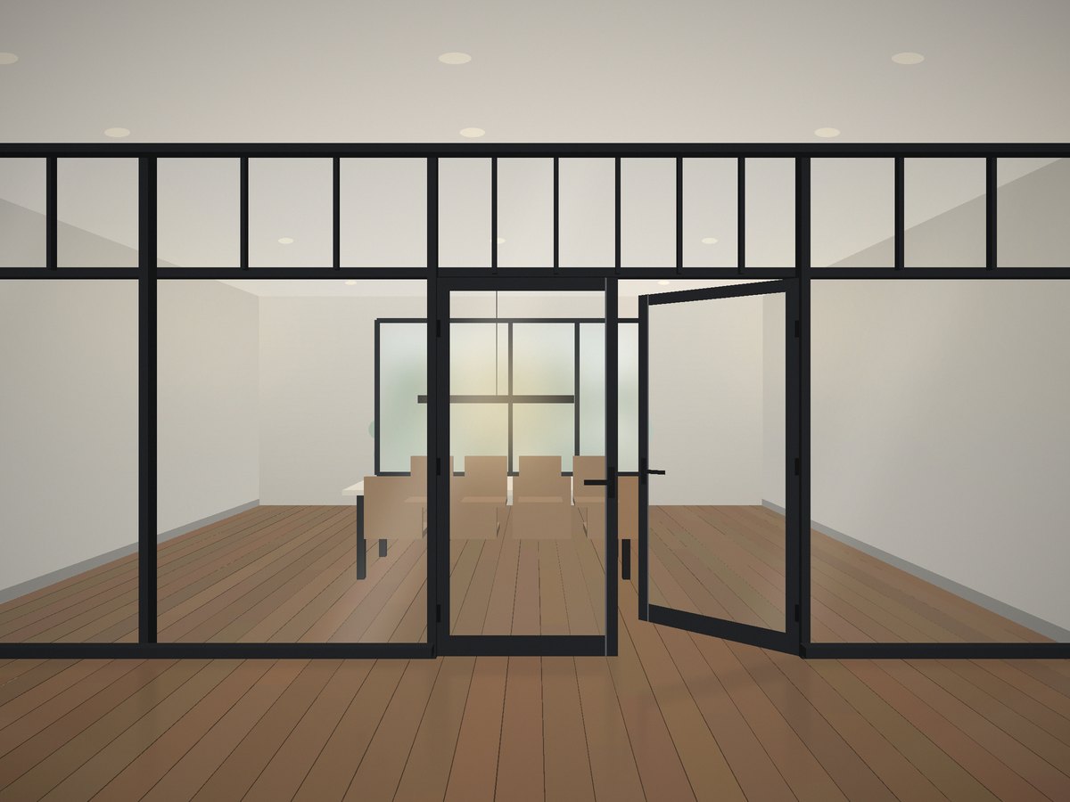 Glass partition with divided-lite transoms and an open French door