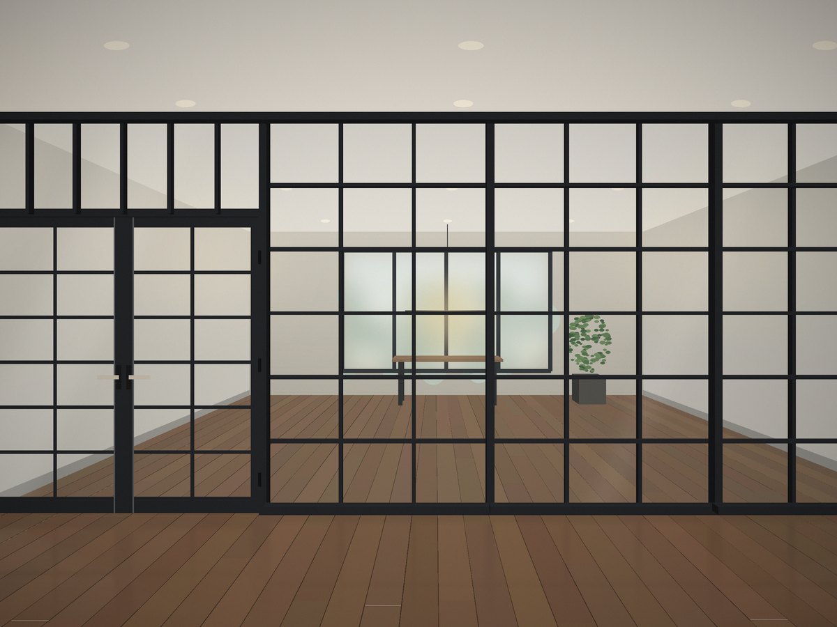 Steel-look grid glass wall with brass-lever French doors