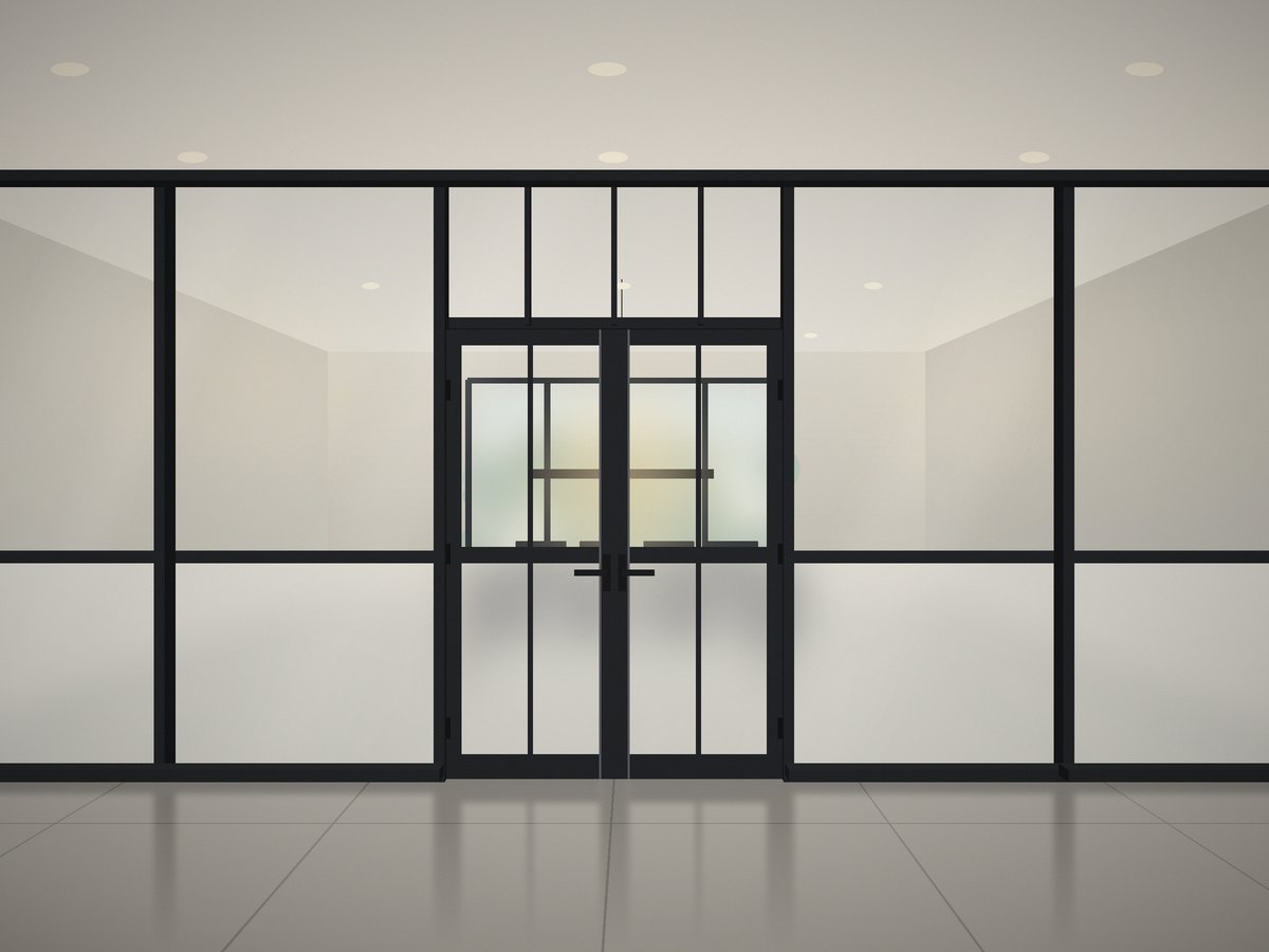 Glass partition with a frosted privacy band, SDL grids and French doors