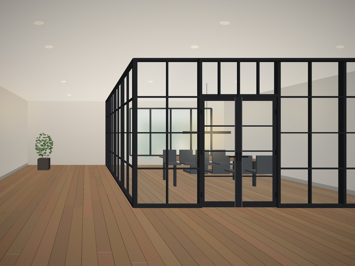 Corner glass office with SDL grids and French doors