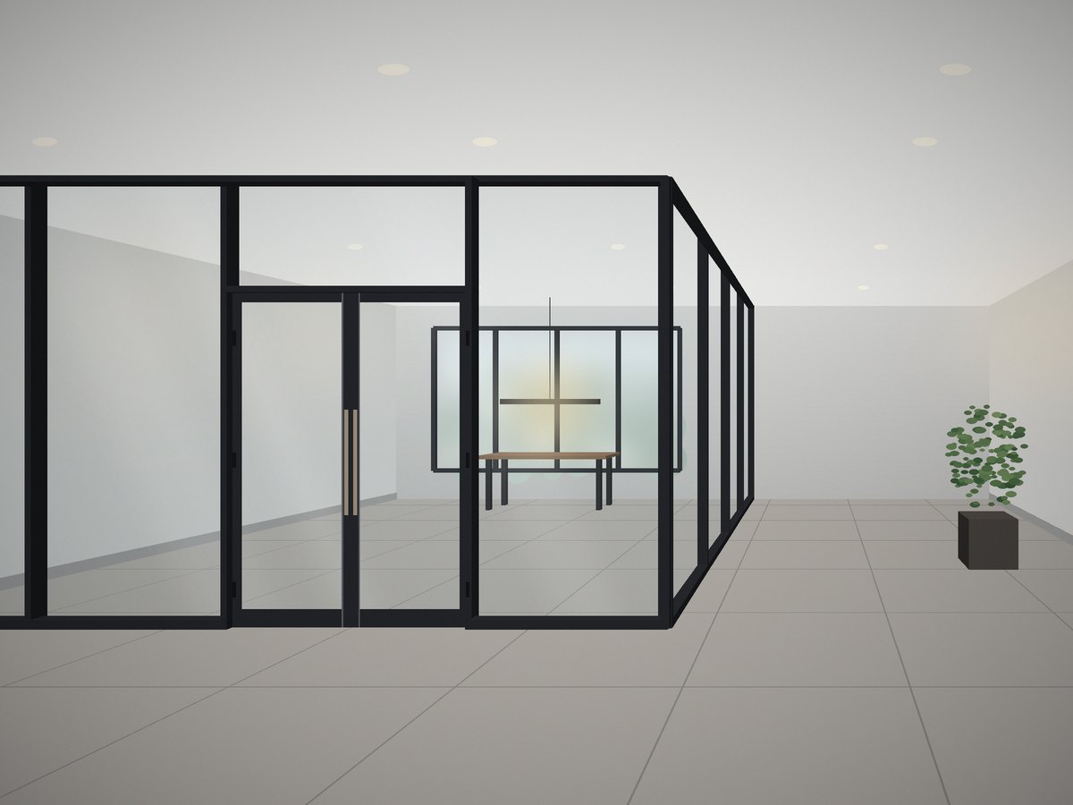 Minimal corner glass room with French doors and long pulls