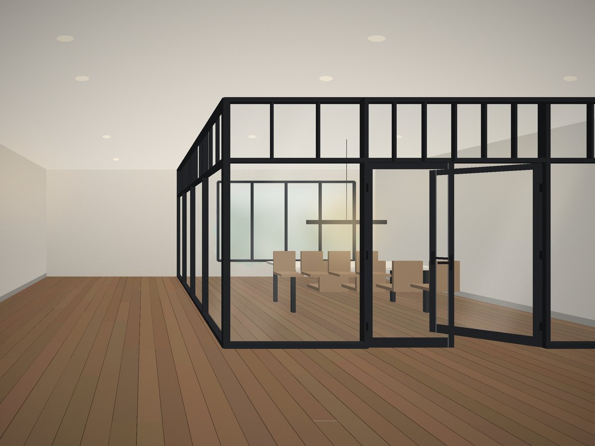 Corner glass partition with divided-lite transoms and an open French door