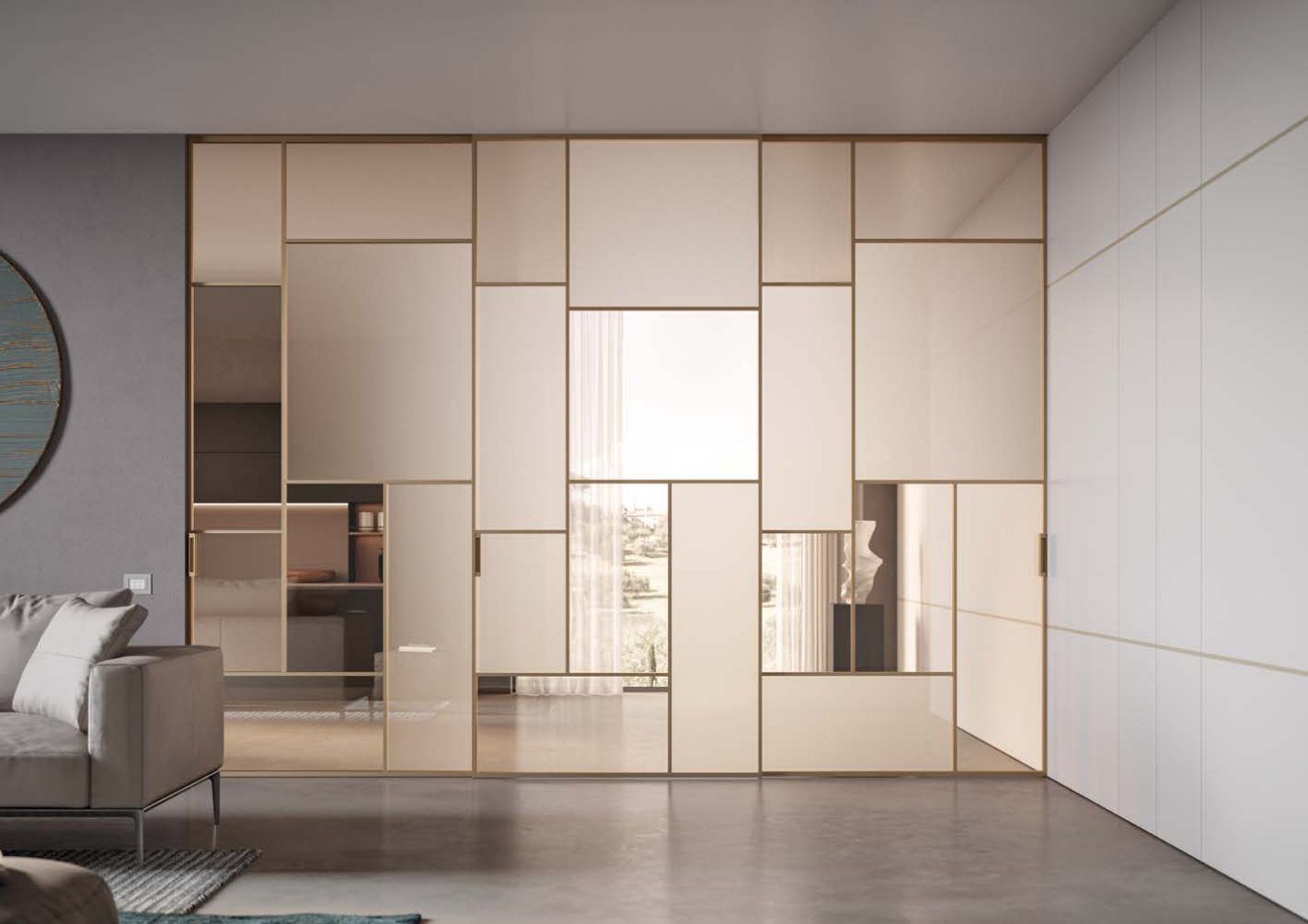 Bronze-framed glass wall with mirrored and tinted panels in a grid