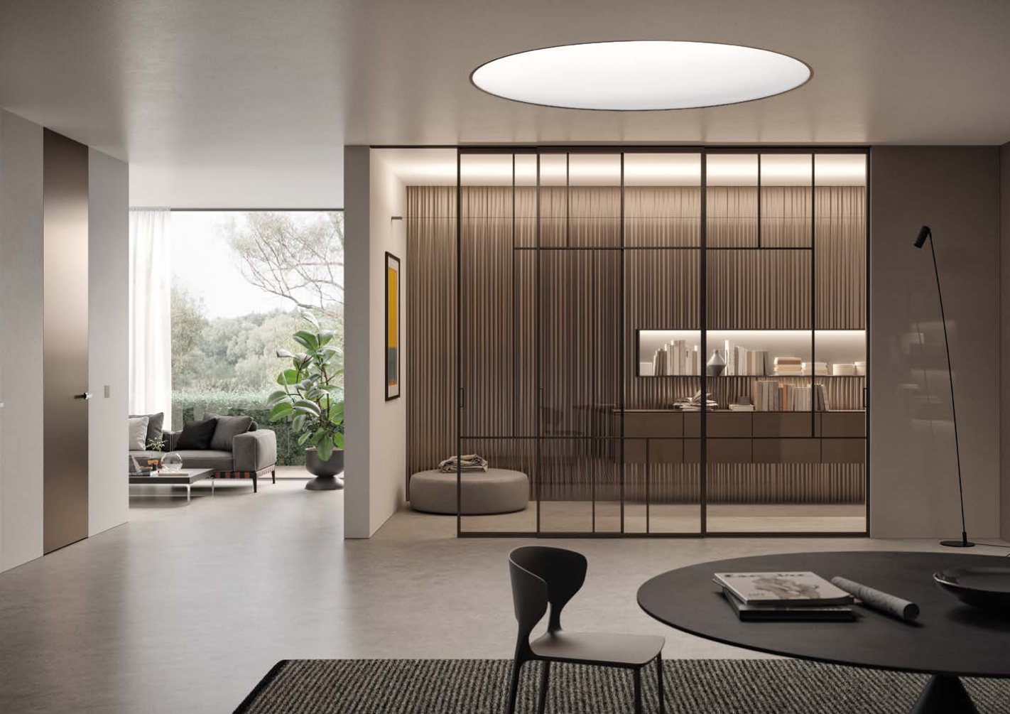 Bronze-framed glass sliding doors in front of a slatted, backlit wall