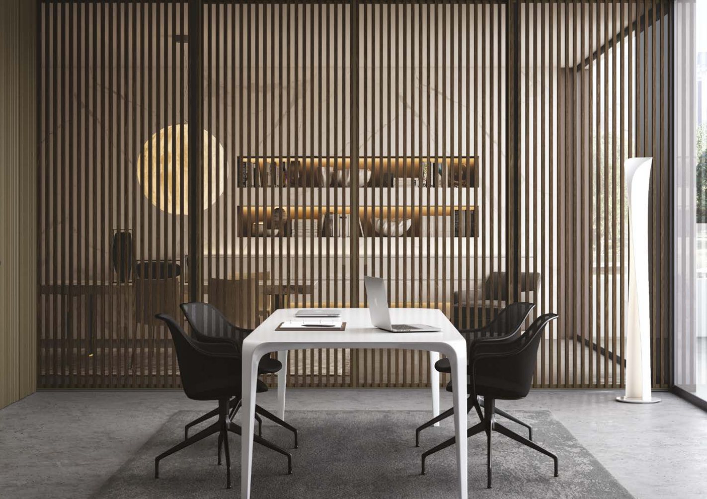 Slatted wood screen wall around a private dining and meeting room