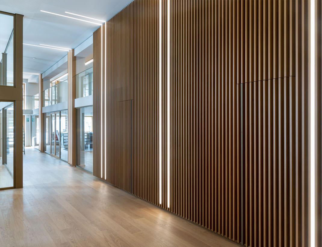 Slatted oak wall with integrated light lines beside glass meeting rooms