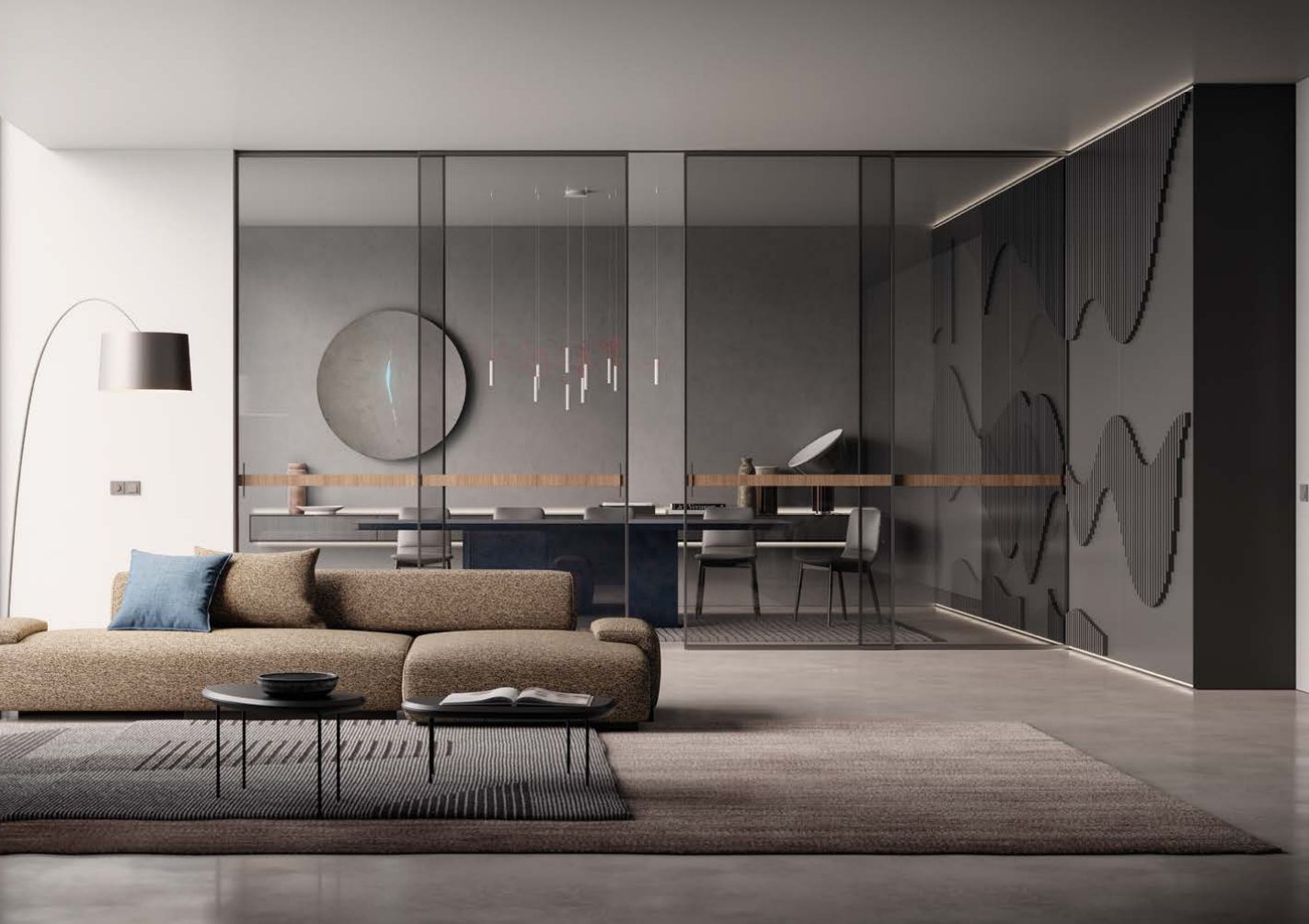 Smoked-glass sliding wall with recessed track behind a living area
