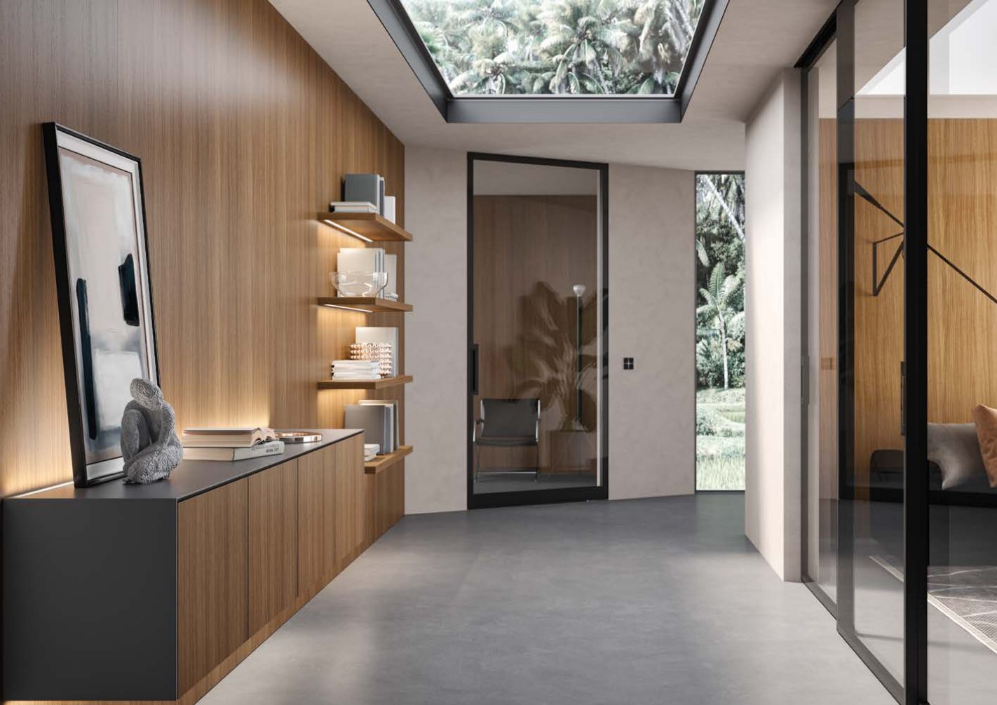 Black-framed glass pivot door between oak-paneled rooms under a skylight