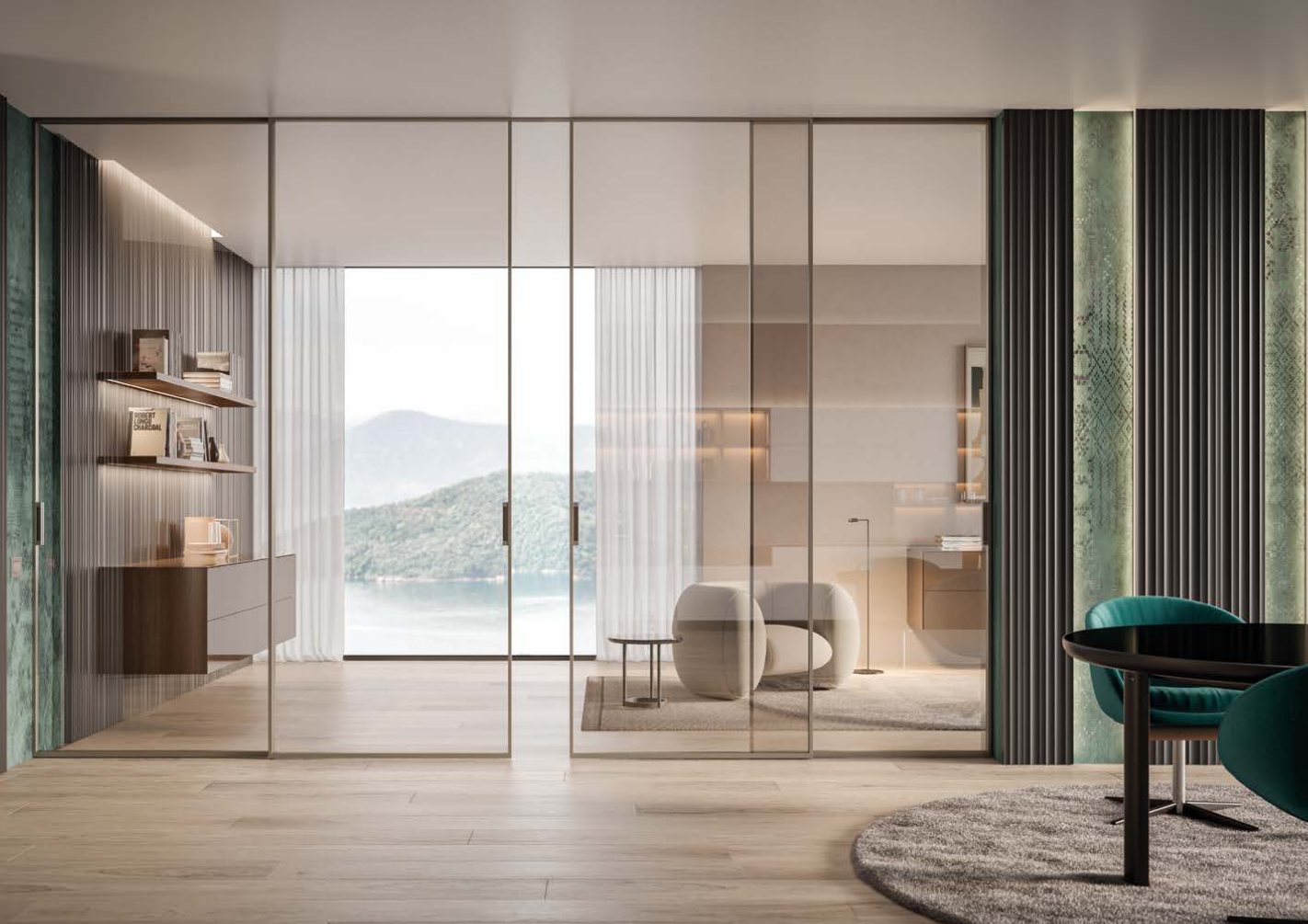 Floor-to-ceiling glass sliding doors opening a suite to the lake view