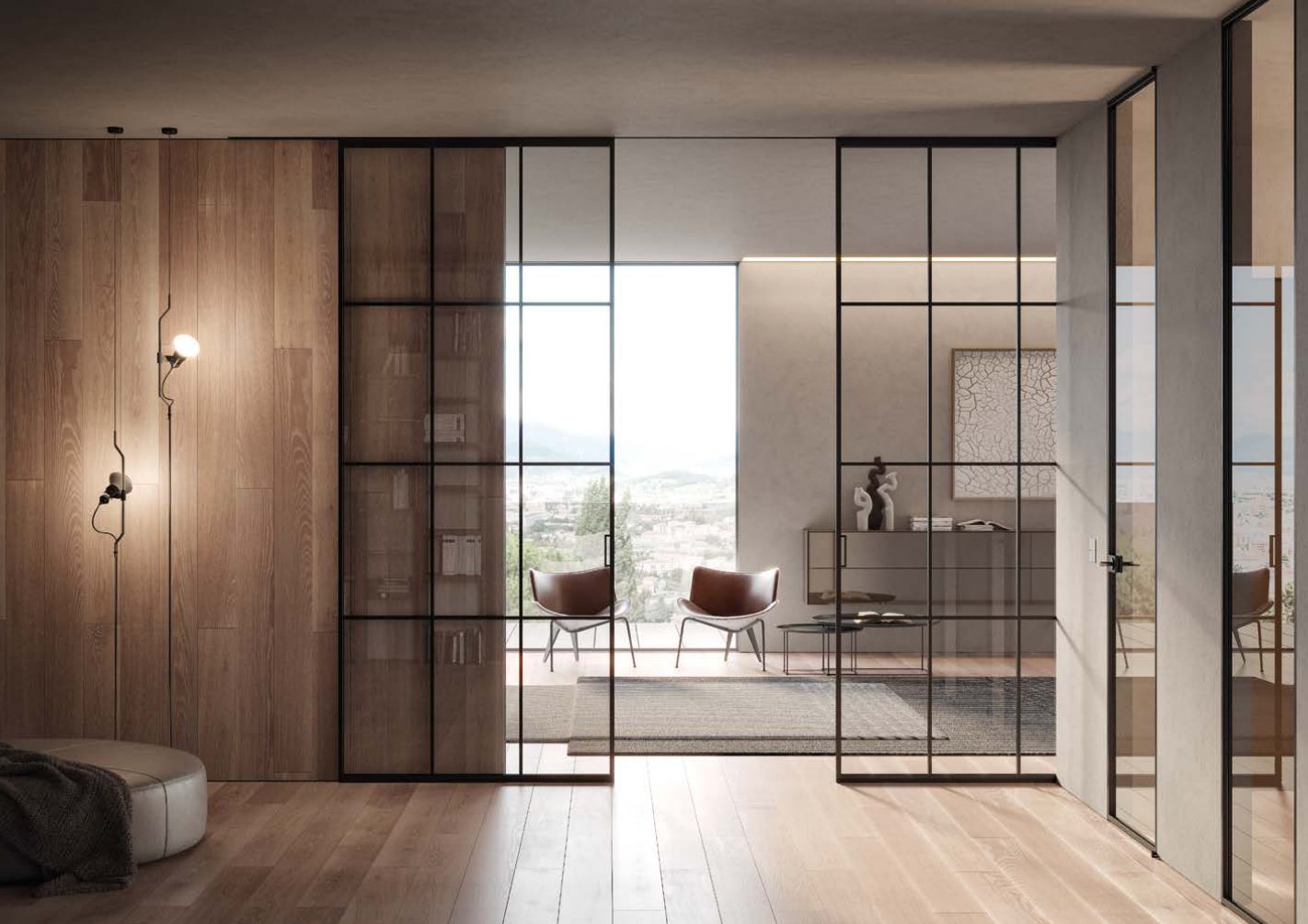 Black divided-lite glass sliding doors against a reclaimed-oak wall