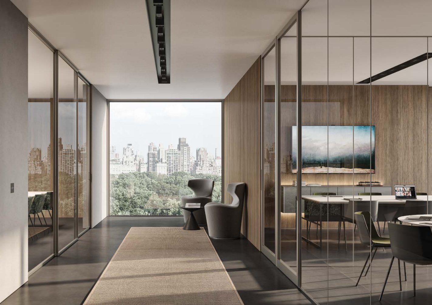 Glass executive offices and meeting room along a city-view corridor