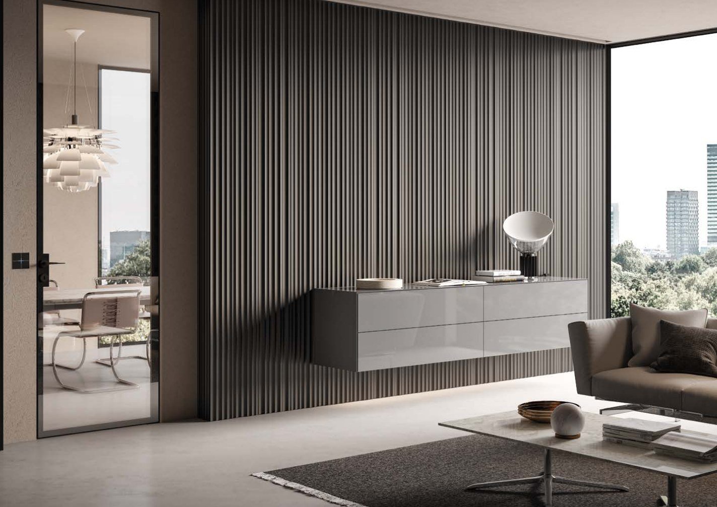 Black-framed glass door off a living room with a slatted wall