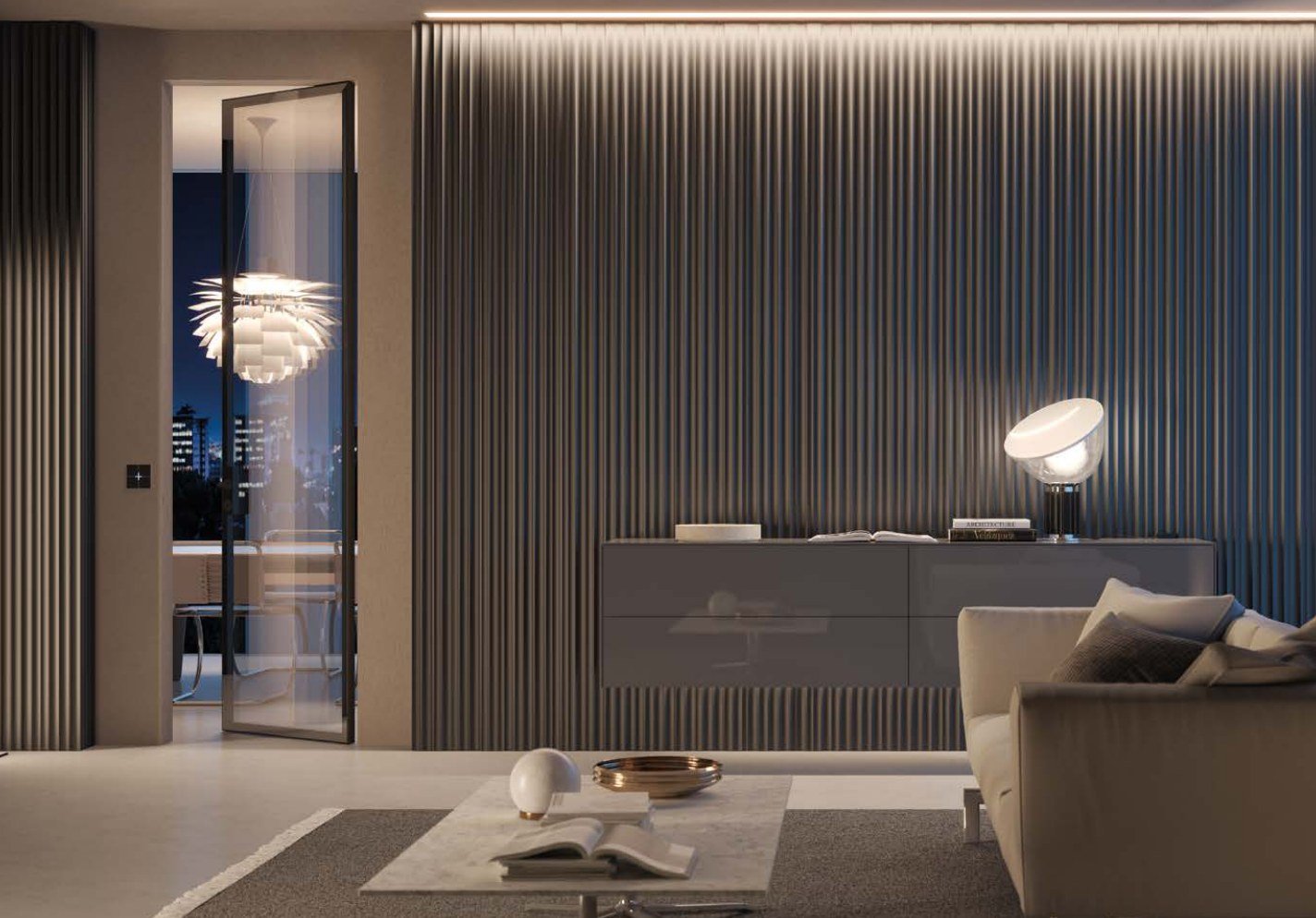 Black glass door to a terrace beside a slatted wall at night
