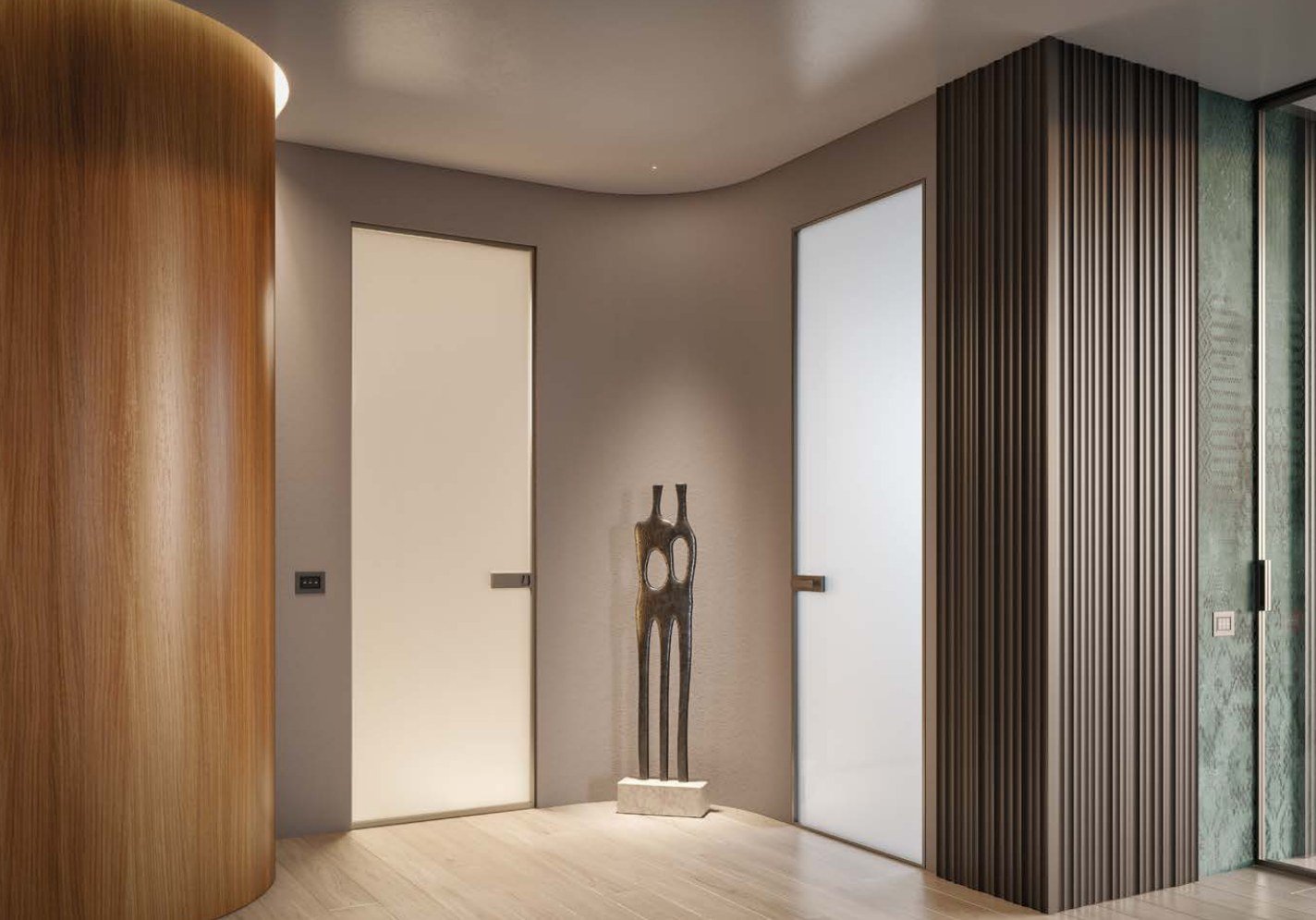 Curved wood wall with flush white doors