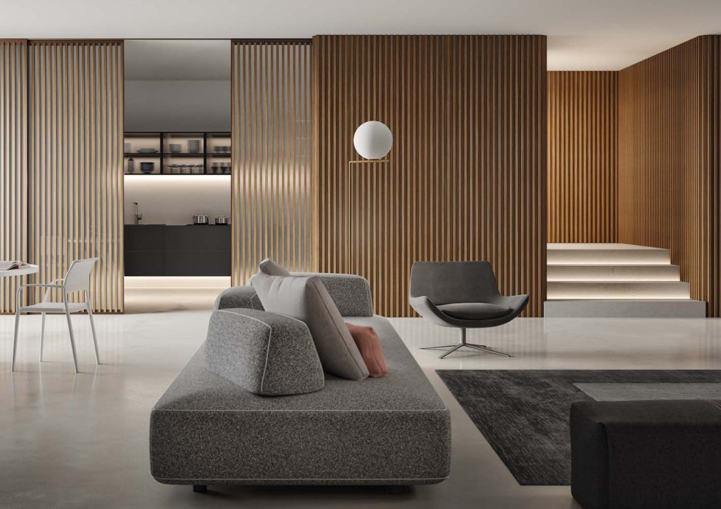 Sliding wood panels opening a living room to the kitchen