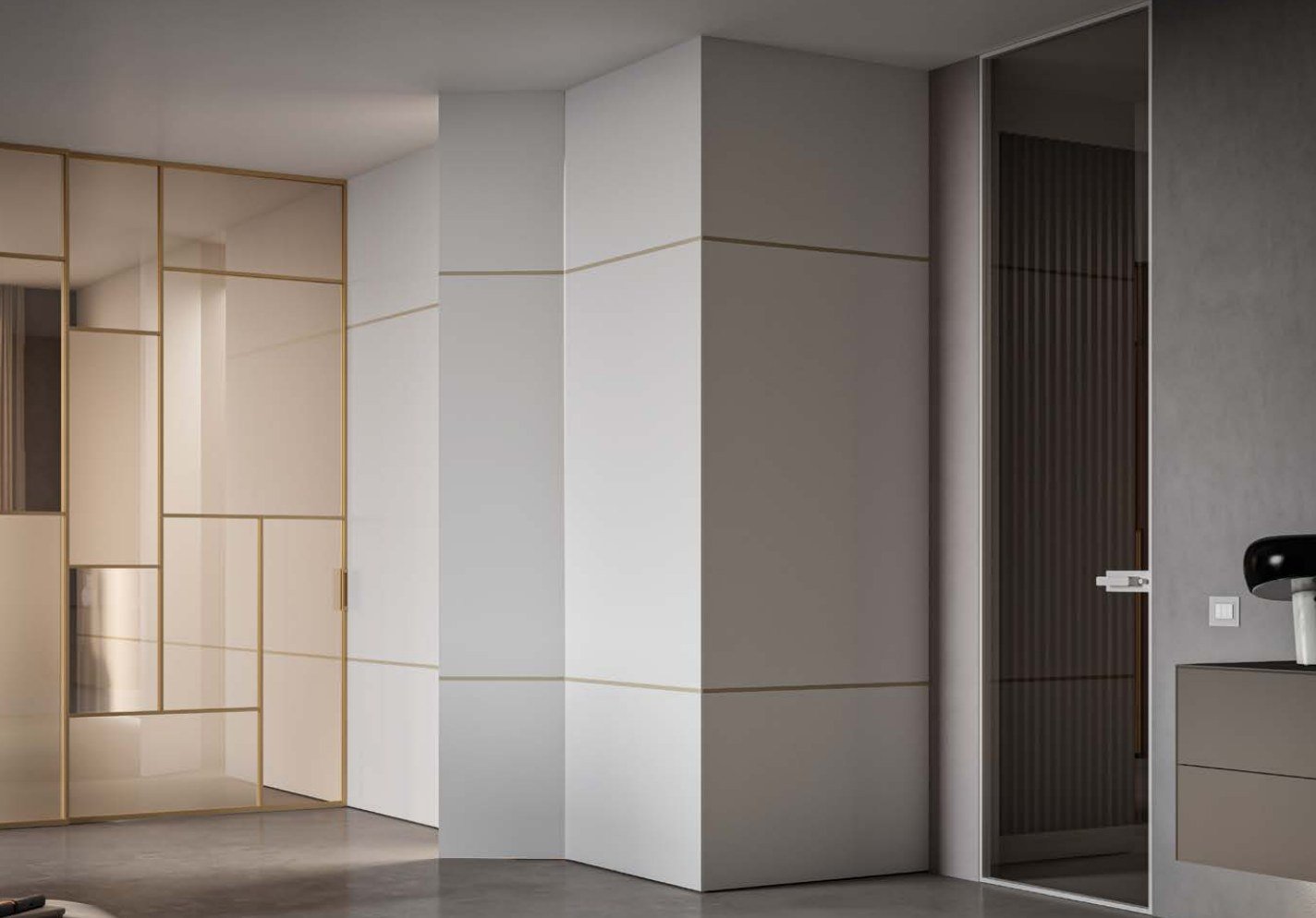 Gridded glass panel wall beside a smoked-glass door