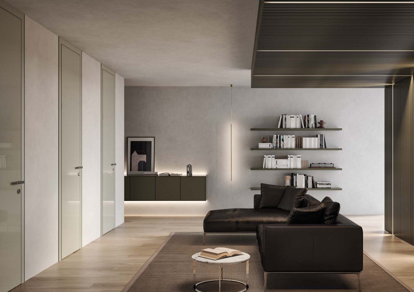 Flush doors in pale glass finishes around a living room