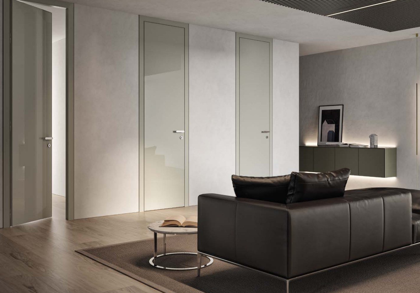 Living room with flush pale-glass doors