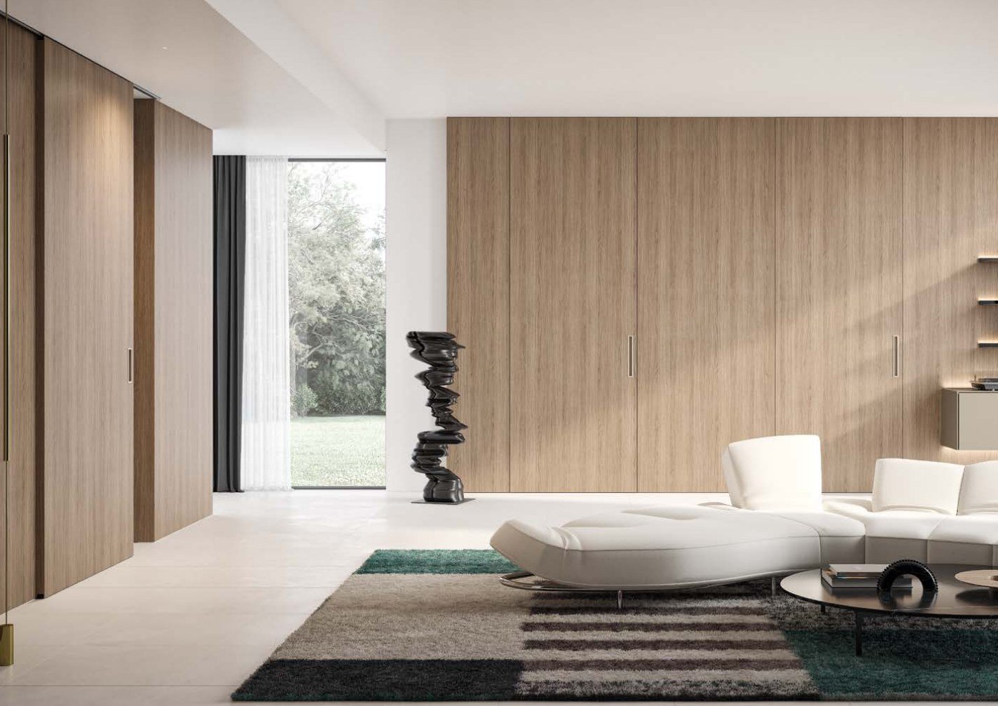 Oak sliding walls around a living room
