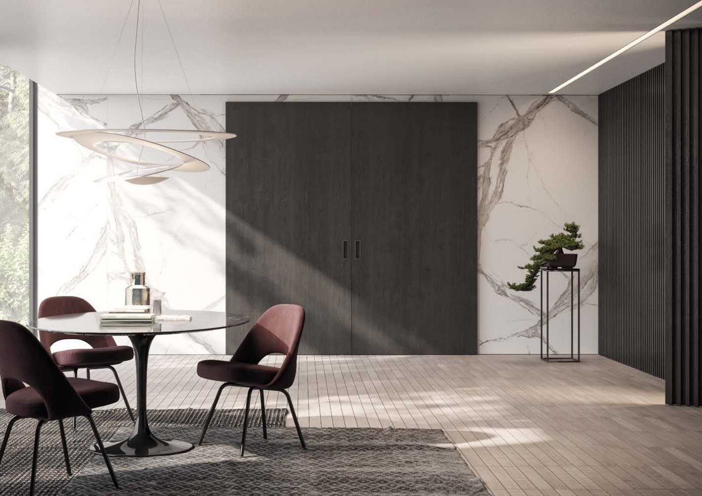Dark slatted sliding wall behind a marble-clad dining room