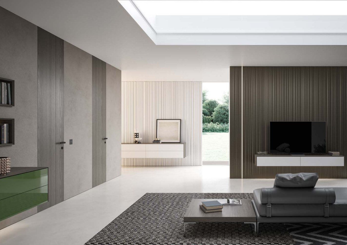 Living room with flush doors and a garden window