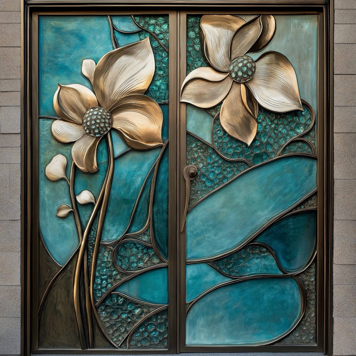 Bronze double door with sculpted blossoms over teal patina and textured glass