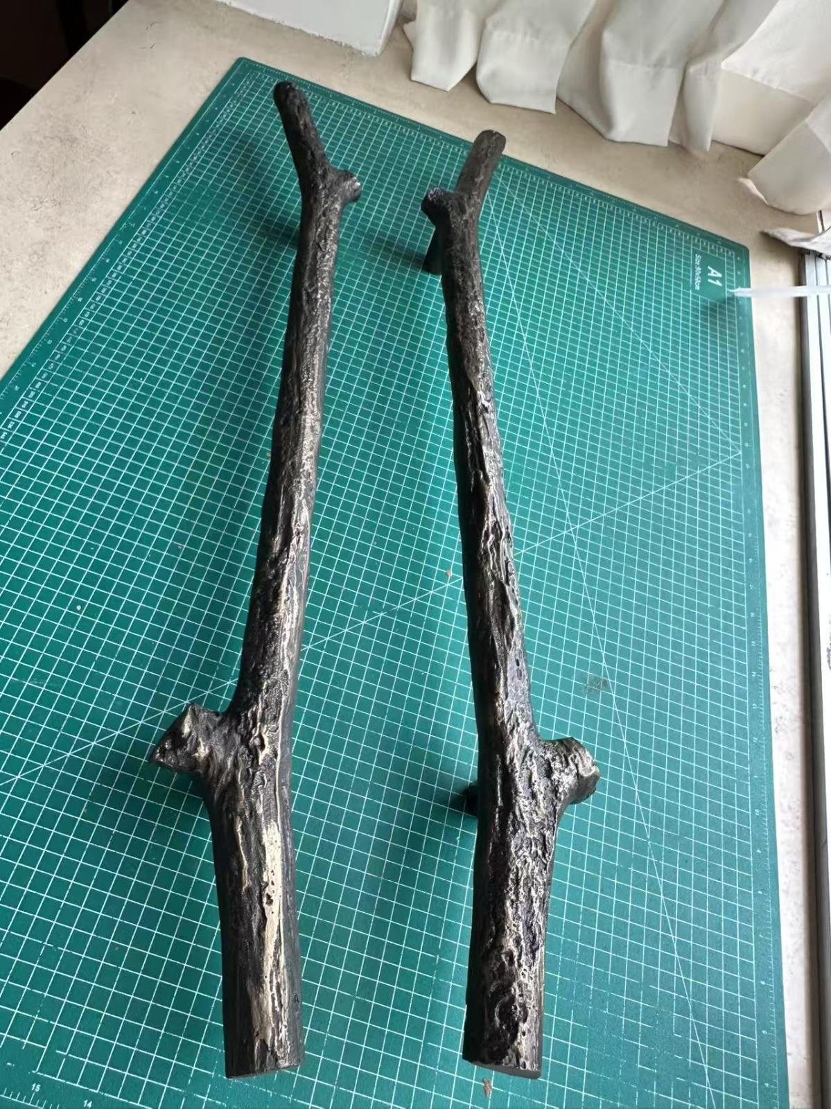Pair of cast-bronze branch door pulls