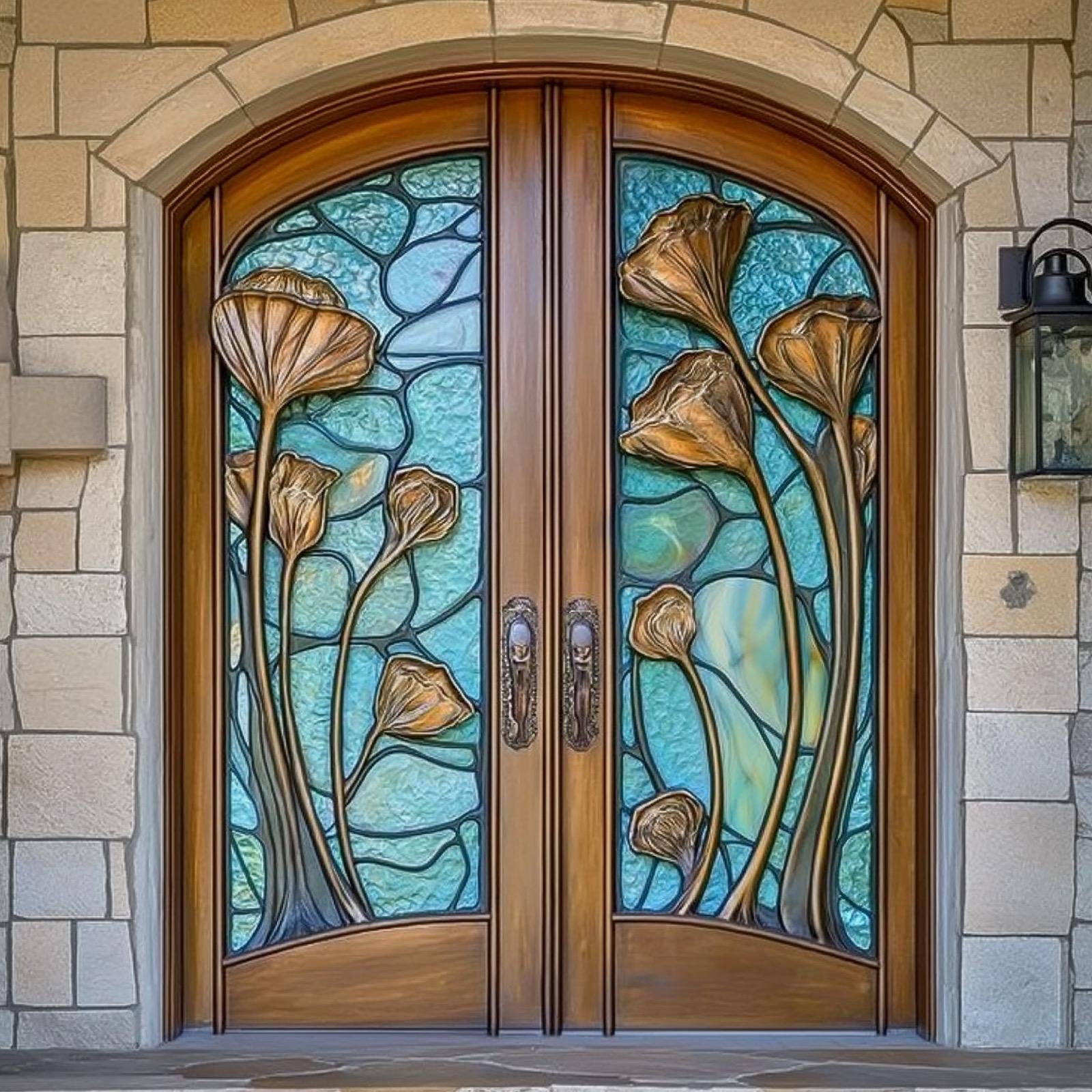 Arched wood double door with stained glass and bronze lilies