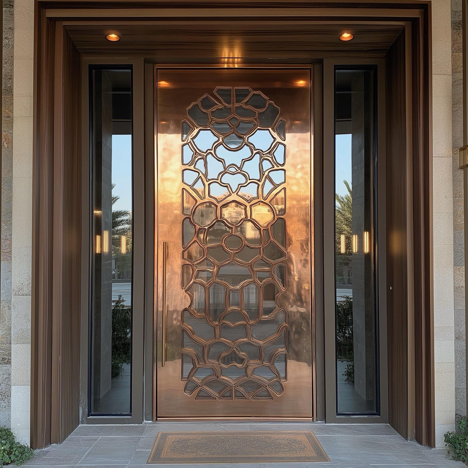 Copper pivot entry door with a sculpted glass lattice and sidelites