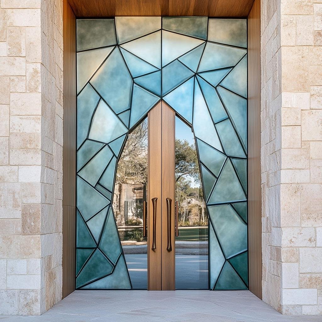 Faceted stained-glass wall framing walnut double doors in Texas limestone