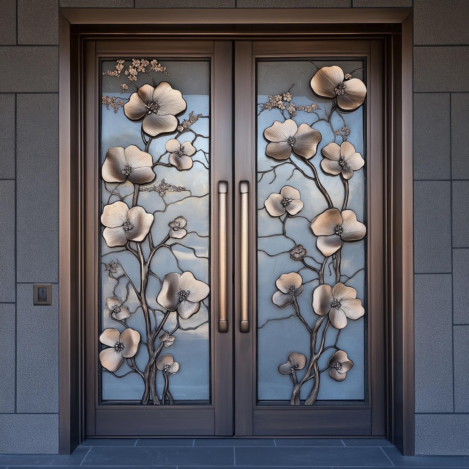 Bronze double doors with sculpted blossoms over frosted glass