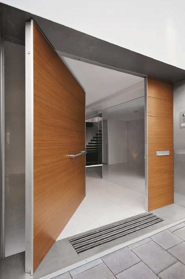 Teak pivot entry door in a stainless surround