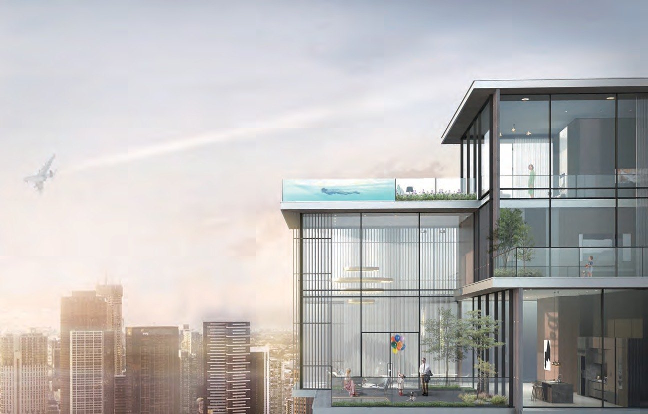 Glass villa with black aluminum window walls above the city