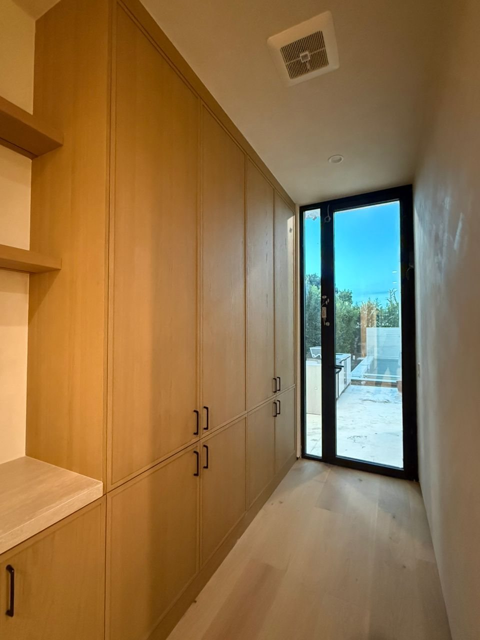 Tall black glass door with a sidelite at the end of a mudroom