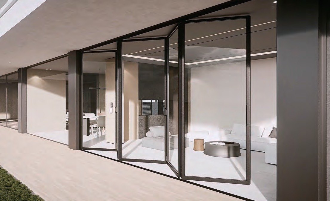 Black bifold door wall running along a modern living space