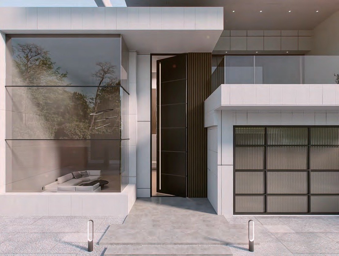 Modern facade with a pivot entry door and a glass garage door