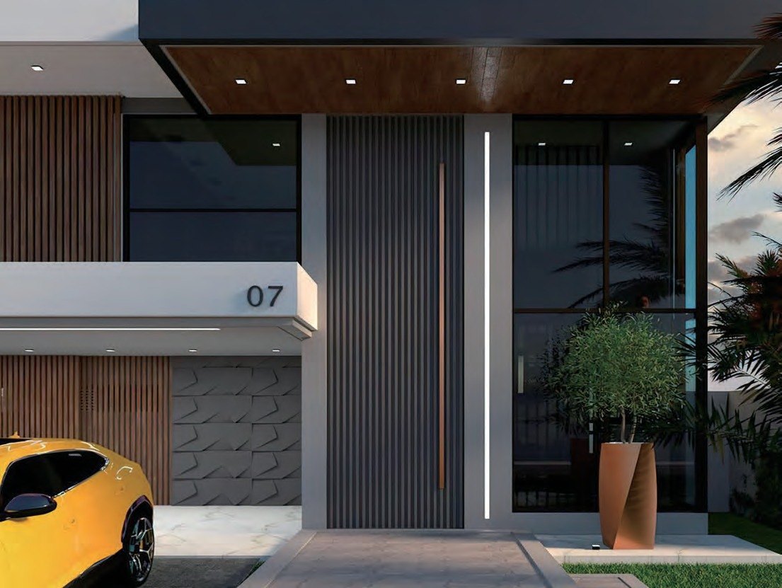 Slatted pivot entry door under a timber soffit