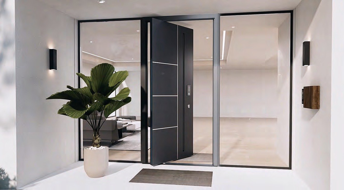 Anthracite pivot entry door between glass sidelites