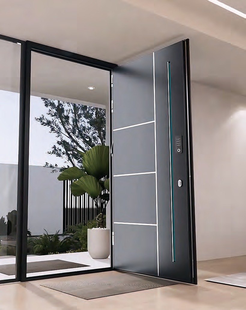 Anthracite pivot door with stainless inlays