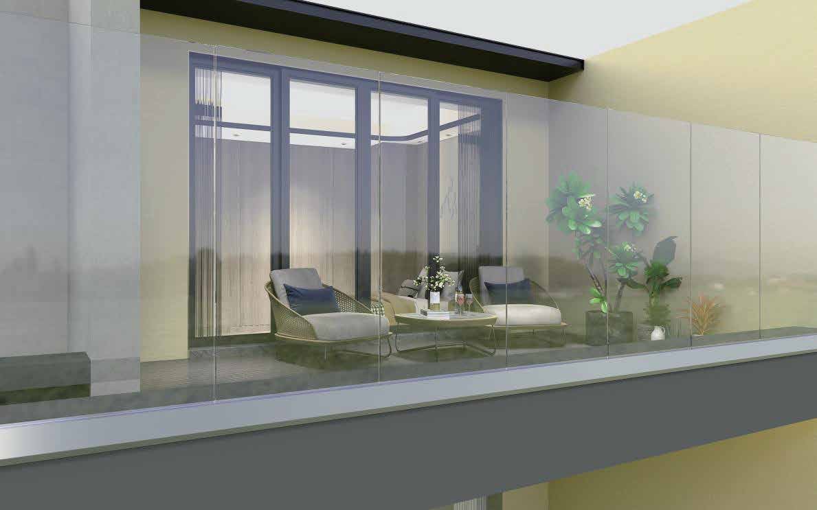 Covered balcony with frameless glass railing