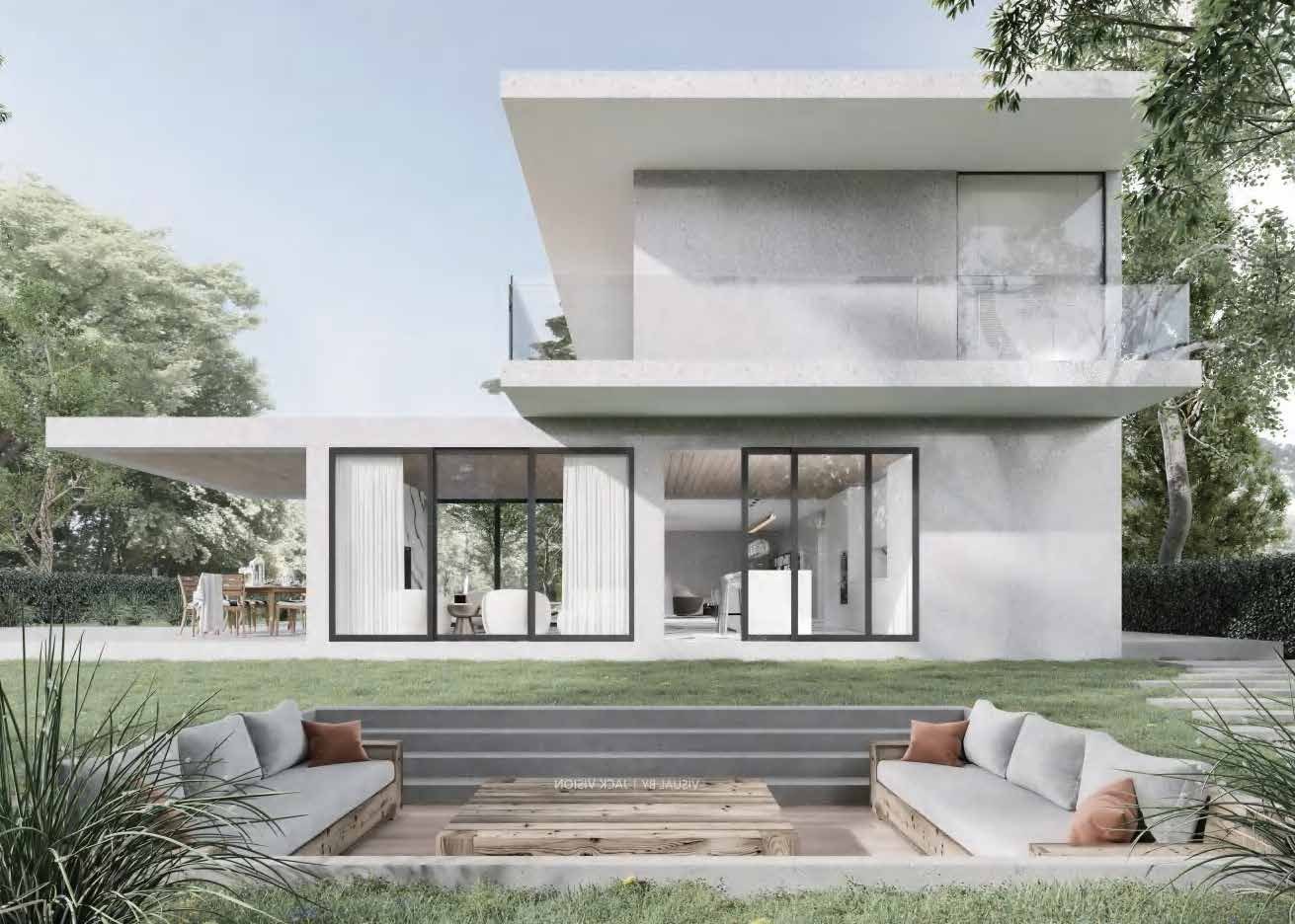 White villa with glass balcony railing above a sunken lounge