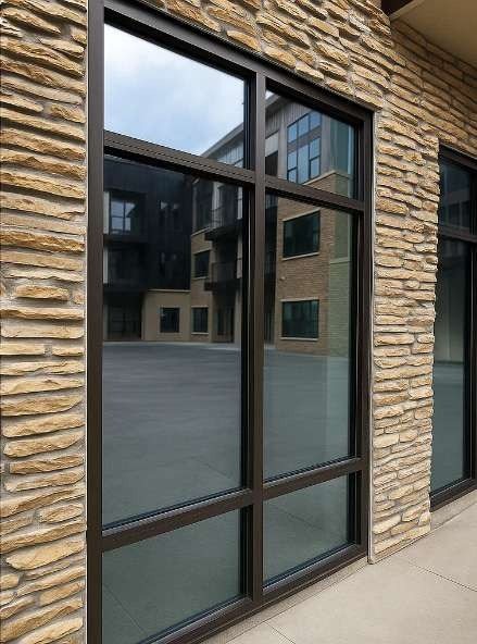 Bronze window wall with transoms set into a stone facade
