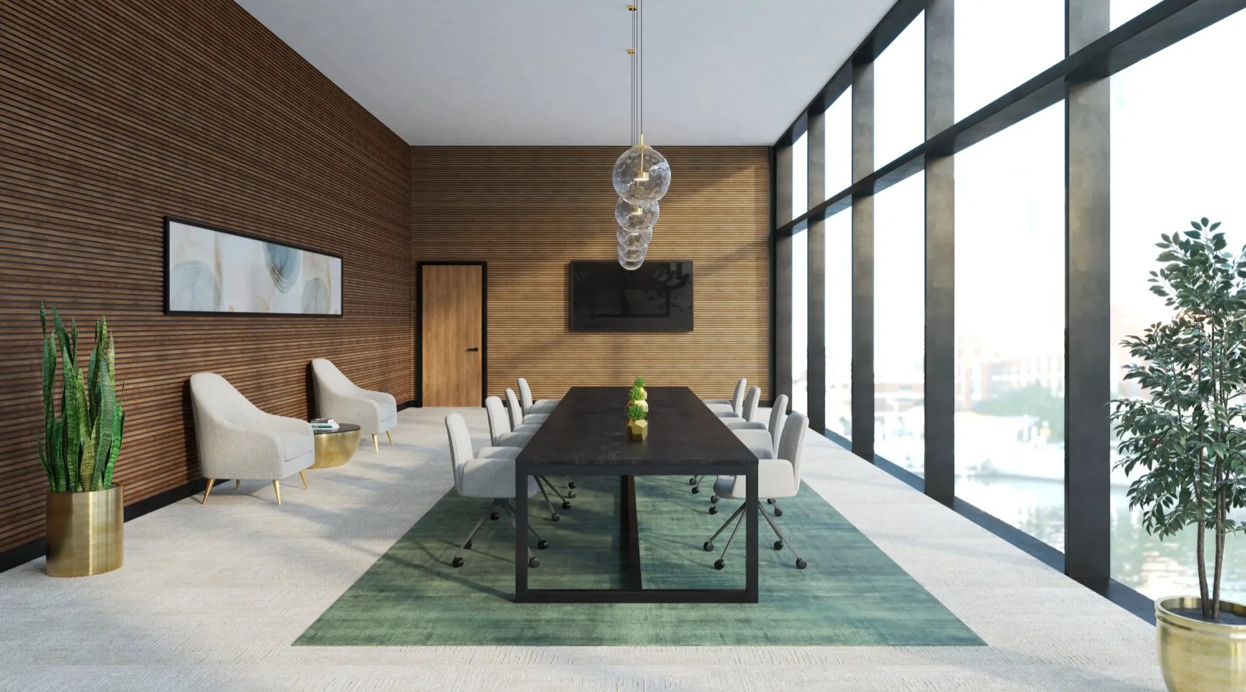Acoustic door beside a glass-walled conference room